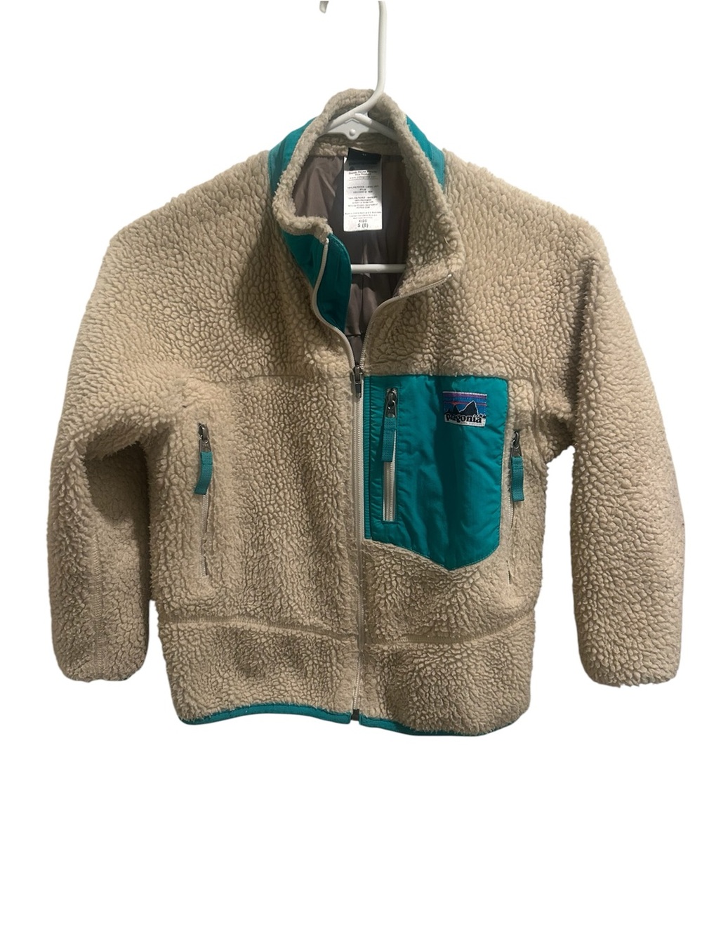 Patagonia Kids Beige RetroX Fleece Jacket with Teal Pocket Trim Size Small (8)